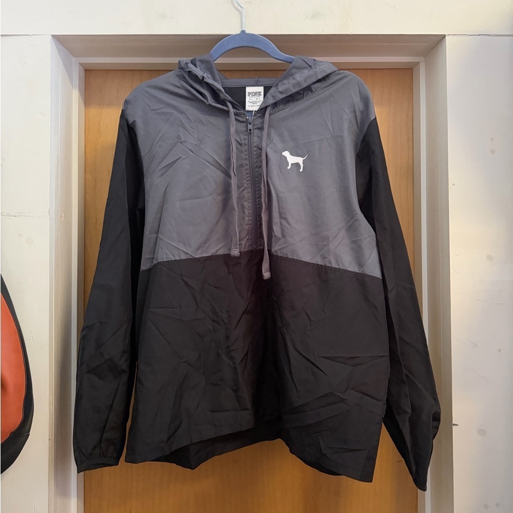Victoria Secret Pink Women’s Grey and Black Half Zip Windbreaker. Size:Medium